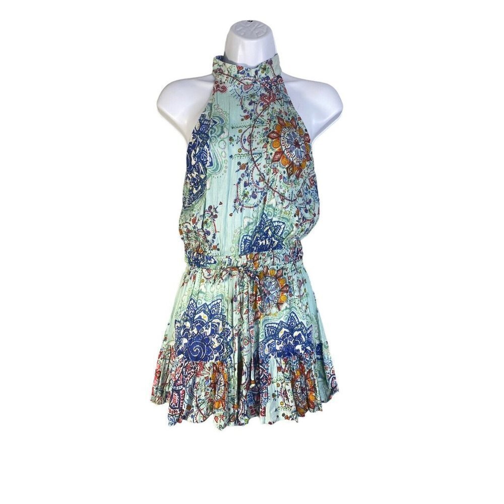 RAGA Womens High Neck Pleated Floral‎ Sleeveless Romper Key Hole Back Size S